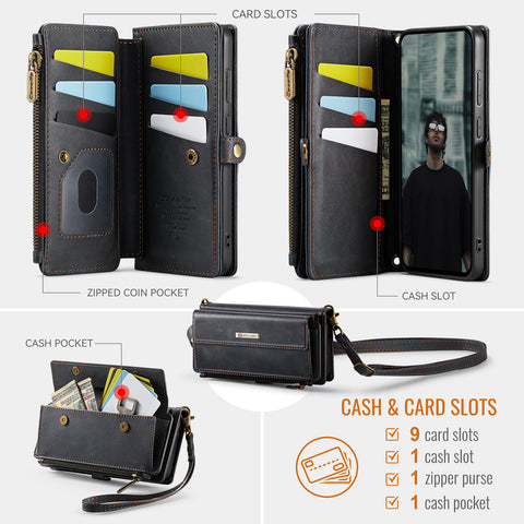 CASEME For Samsung Galaxy S25 Case  C39 RFID Blocking Zipper Wallet Stand Leather Cover with Strap