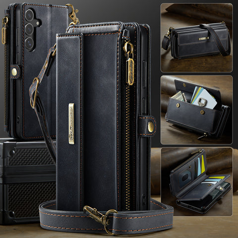 CASEME For Samsung Galaxy S25 Case  C39 RFID Blocking Zipper Wallet Stand Leather Cover with Strap