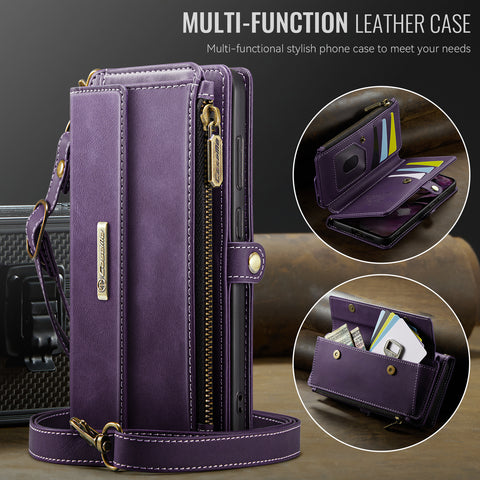 CASEME For Samsung Galaxy S25 Case  C39 RFID Blocking Zipper Wallet Stand Leather Cover with Strap