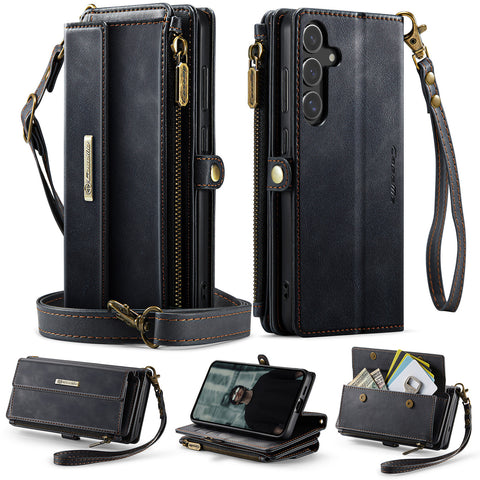 CASEME For Samsung Galaxy S25 Case  C39 RFID Blocking Zipper Wallet Stand Leather Cover with Strap