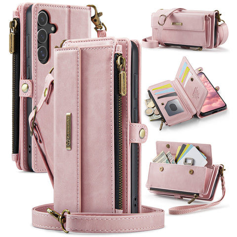 CASEME For Samsung Galaxy S25 Case  C39 RFID Blocking Zipper Wallet Stand Leather Cover with Strap