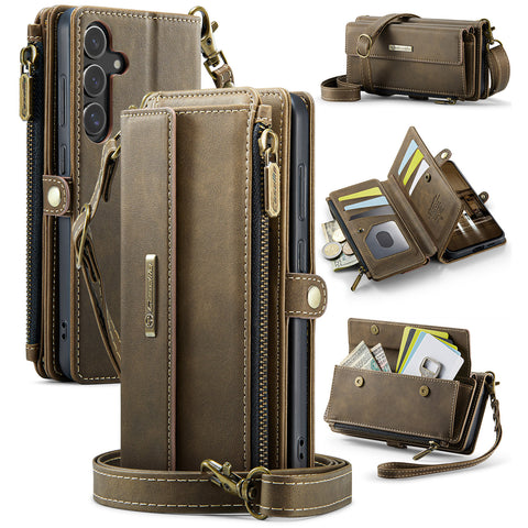 CASEME For Samsung Galaxy S25 Case  C39 RFID Blocking Zipper Wallet Stand Leather Cover with Strap