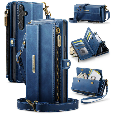 CASEME For Samsung Galaxy S25 Case  C39 RFID Blocking Zipper Wallet Stand Leather Cover with Strap
