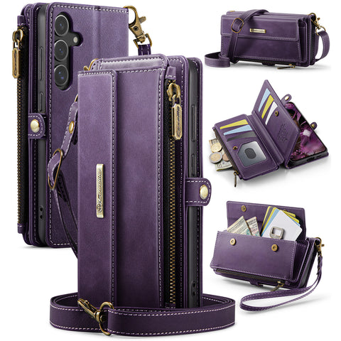 CASEME For Samsung Galaxy S25 Case  C39 RFID Blocking Zipper Wallet Stand Leather Cover with Strap
