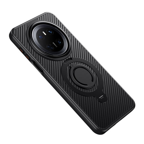 For Huawei Mate 70 Magnetic Case Kickstand Carbon Fiber Texture PC + TPU Back Cover with Silicone Ring