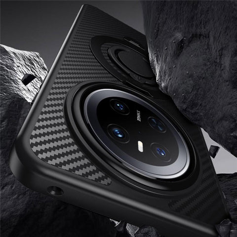 For Huawei Mate 70 Magnetic Case Kickstand Carbon Fiber Texture PC + TPU Back Cover with Silicone Ring