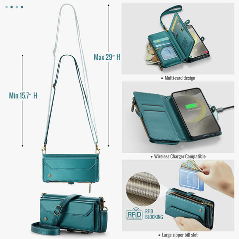 CASEME For Samsung Galaxy S25 Leather Case  C36 Zipper Multiple Card Slots Phone Cover with Straps