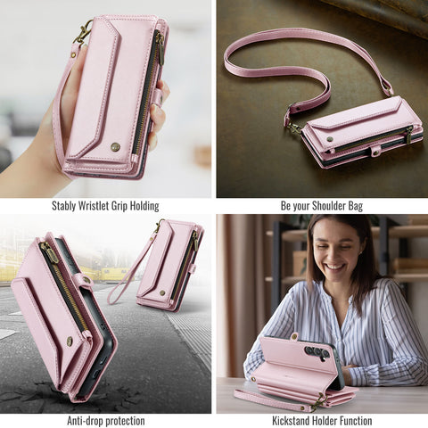 CASEME For Samsung Galaxy S25 Leather Case  C36 Zipper Multiple Card Slots Phone Cover with Straps