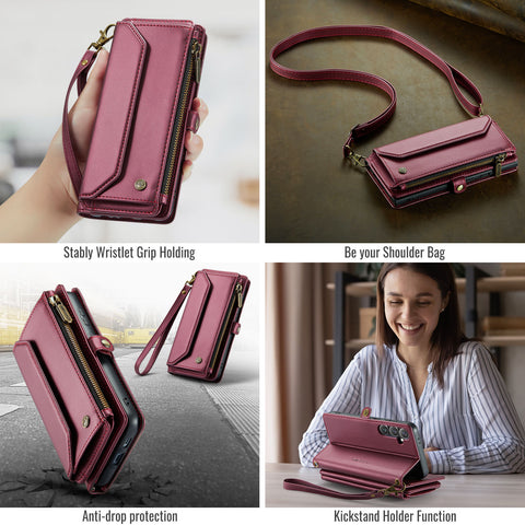 CASEME For Samsung Galaxy S25 Leather Case  C36 Zipper Multiple Card Slots Phone Cover with Straps