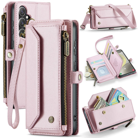 CASEME For Samsung Galaxy S25 Leather Case  C36 Zipper Multiple Card Slots Phone Cover with Straps