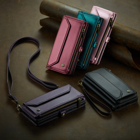 CASEME For Samsung Galaxy S25 Leather Case  C36 Zipper Multiple Card Slots Phone Cover with Straps