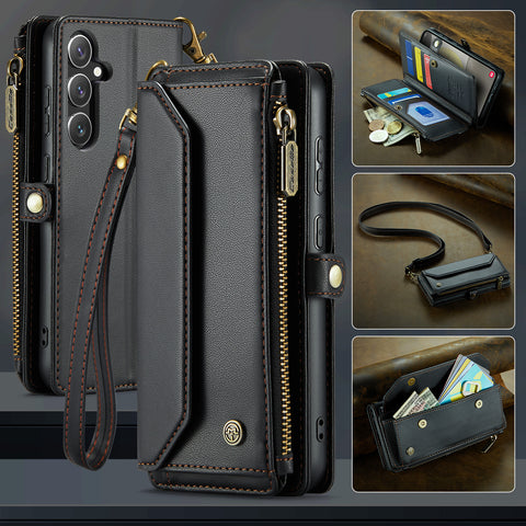 CASEME For Samsung Galaxy S25 Leather Case  C36 Zipper Multiple Card Slots Phone Cover with Straps