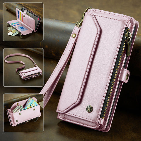 CASEME For Samsung Galaxy S25 Leather Case  C36 Zipper Multiple Card Slots Phone Cover with Straps
