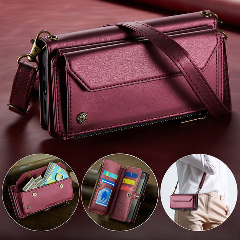 CASEME For Samsung Galaxy S25 Leather Case  C36 Zipper Multiple Card Slots Phone Cover with Straps
