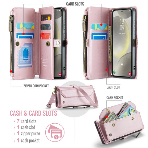 CASEME For Samsung Galaxy S25 Leather Case  C36 Zipper Multiple Card Slots Phone Cover with Straps