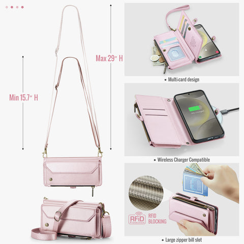 CASEME For Samsung Galaxy S25 Leather Case  C36 Zipper Multiple Card Slots Phone Cover with Straps
