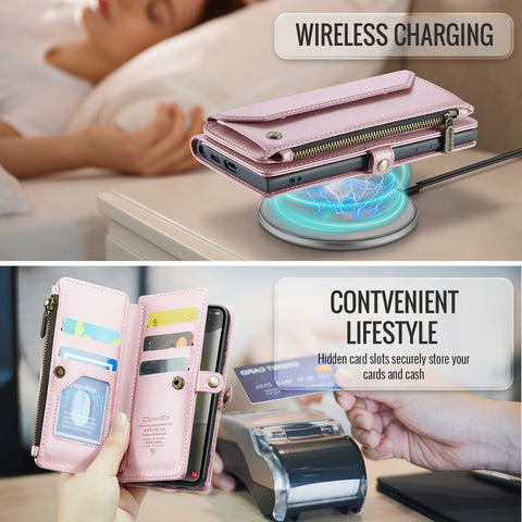 CASEME For Samsung Galaxy S25 Leather Case  C36 Zipper Multiple Card Slots Phone Cover with Straps