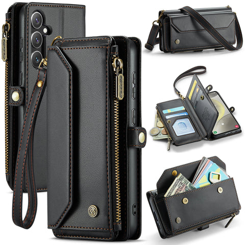 CASEME For Samsung Galaxy S25 Leather Case  C36 Zipper Multiple Card Slots Phone Cover with Straps