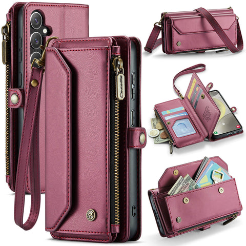 CASEME For Samsung Galaxy S25 Leather Case  C36 Zipper Multiple Card Slots Phone Cover with Straps