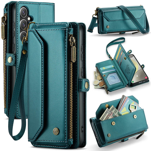 CASEME For Samsung Galaxy S25 Leather Case  C36 Zipper Multiple Card Slots Phone Cover with Straps