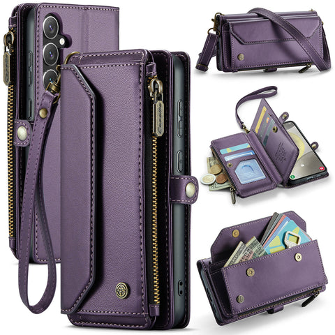 CASEME For Samsung Galaxy S25 Leather Case  C36 Zipper Multiple Card Slots Phone Cover with Straps
