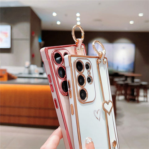 For Samsung Galaxy S24 Ultra Case Electroplated Heart Pattern TPU Phone Back Cover with Wristband Kickstand