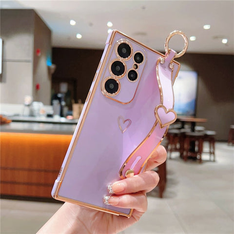 For Samsung Galaxy S24 Ultra Case Electroplated Heart Pattern TPU Phone Back Cover with Wristband Kickstand