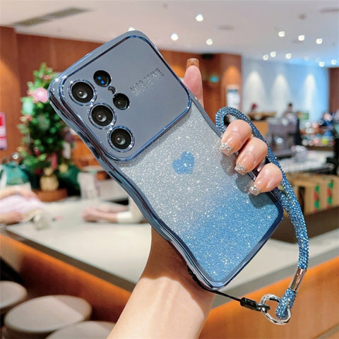 For Samsung Galaxy S24 Ultra Case with Strap Electroplating TPU Phone Cover Love Heart Gradient Glitter