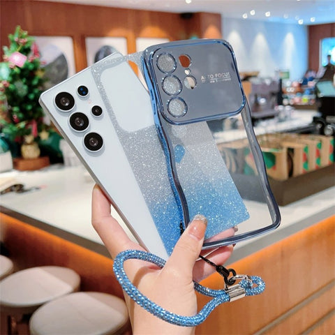 For Samsung Galaxy S24 Ultra Case with Strap Electroplating TPU Phone Cover Love Heart Gradient Glitter