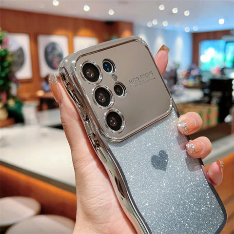 For Samsung Galaxy S24 Ultra Case with Strap Electroplating TPU Phone Cover Love Heart Gradient Glitter