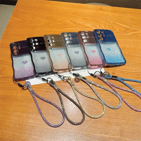 For Samsung Galaxy S24 Ultra Case with Strap Electroplating TPU Phone Cover Love Heart Gradient Glitter