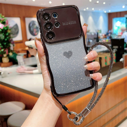 For Samsung Galaxy S24 Ultra Case with Strap Electroplating TPU Phone Cover Love Heart Gradient Glitter