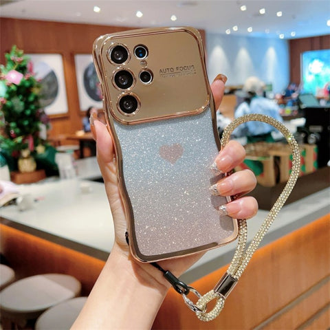 For Samsung Galaxy S24 Ultra Case with Strap Electroplating TPU Phone Cover Love Heart Gradient Glitter