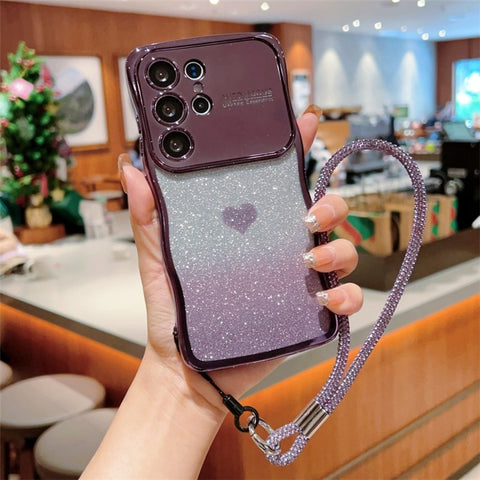 For Samsung Galaxy S24 Ultra Case with Strap Electroplating TPU Phone Cover Love Heart Gradient Glitter