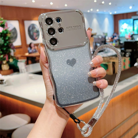 For Samsung Galaxy S24 Ultra Case with Strap Electroplating TPU Phone Cover Love Heart Gradient Glitter