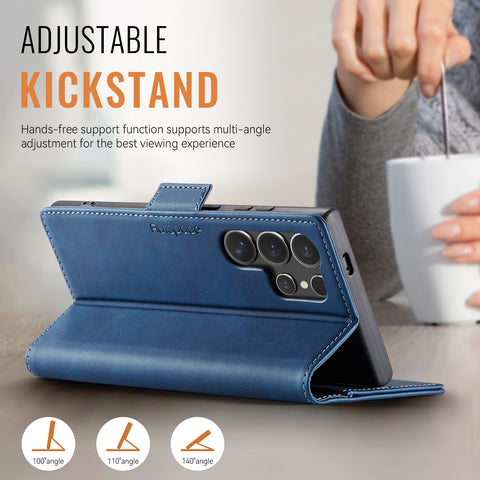 For Samsung Galaxy S22 Ultra 5G Case AUTSPACE A11 RFID Blocking Retro Leather Cell Phone Wallet Cover