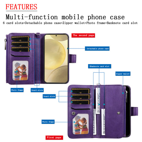 For Samsung Galaxy S25 Magnetic Leather Case Mobile Cover with Detachable Zipper Wallet Strap