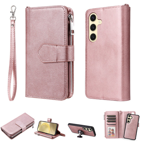For Samsung Galaxy S25 Magnetic Leather Case Mobile Cover with Detachable Zipper Wallet Strap