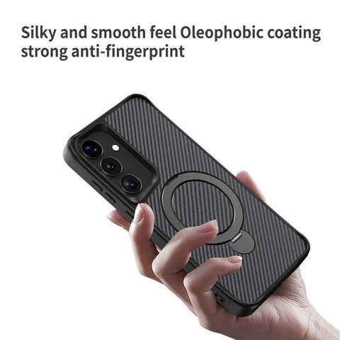 For Samsung Galaxy S25 / S24 Phone Case with Magnetic Kickstand TPU + PC Carbon Fiber Back Cover