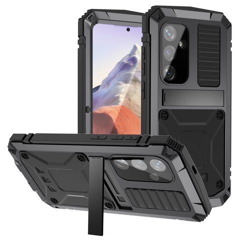 R-JUST For Samsung Galaxy S25 Case PC + Silicone + Metal Kickstand Phone Cover with Tempered Glass Film
