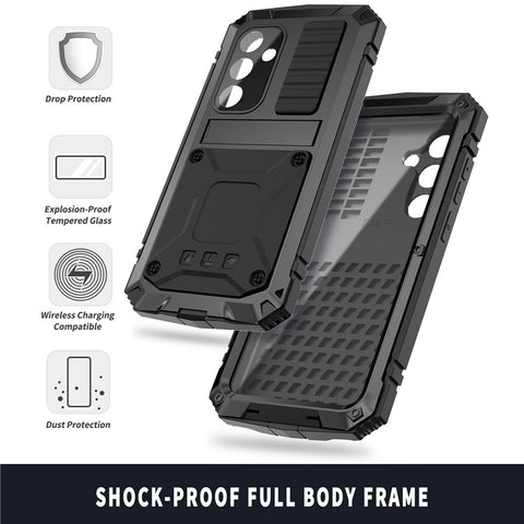 R-JUST For Samsung Galaxy S25 Case PC + Silicone + Metal Kickstand Phone Cover with Tempered Glass Film