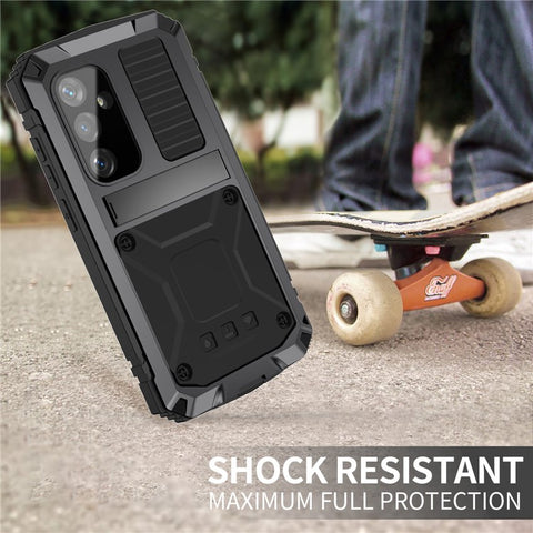 R-JUST For Samsung Galaxy S25 Case PC + Silicone + Metal Kickstand Phone Cover with Tempered Glass Film