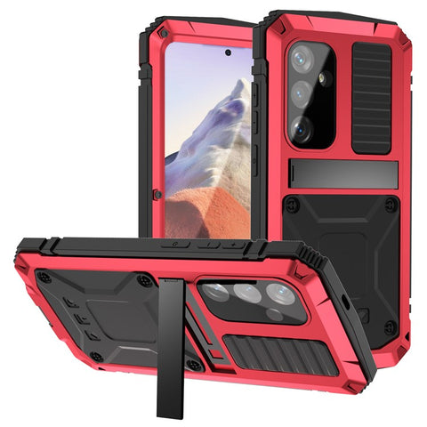 R-JUST For Samsung Galaxy S25 Case PC + Silicone + Metal Kickstand Phone Cover with Tempered Glass Film