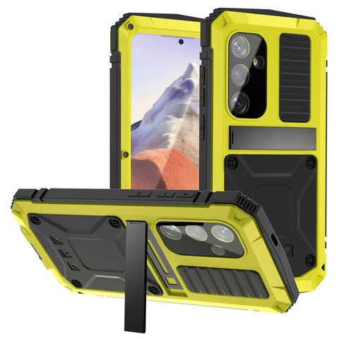 R-JUST For Samsung Galaxy S25 Case PC + Silicone + Metal Kickstand Phone Cover with Tempered Glass Film