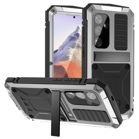 R-JUST For Samsung Galaxy S25 Case PC + Silicone + Metal Kickstand Phone Cover with Tempered Glass Film