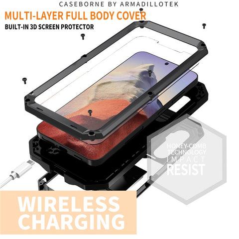 R-JUST For Samsung Galaxy S25 Case PC + Silicone + Metal Back Cover with Tempered Glass Film