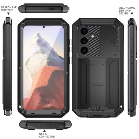 R-JUST For Samsung Galaxy S25 Case PC + Silicone + Metal Back Cover with Tempered Glass Film