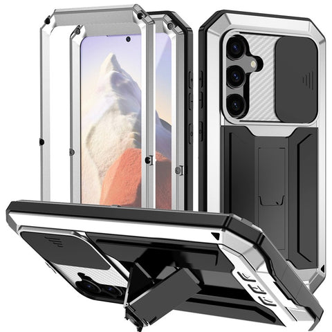 R-JUST For Samsung Galaxy S25 Case PC + Silicone + Metal Back Cover with Tempered Glass Film