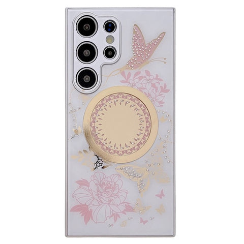 For Samsung Galaxy S24 Ultra Magnetic Case TPU + PC Phone Cover Flower Butterfly Pattern