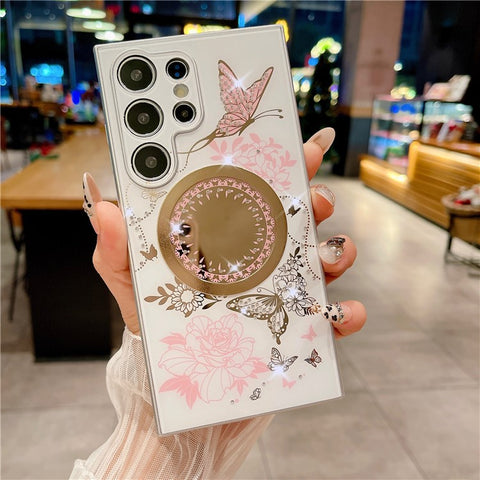 For Samsung Galaxy S24 Ultra Magnetic Case TPU + PC Phone Cover Flower Butterfly Pattern